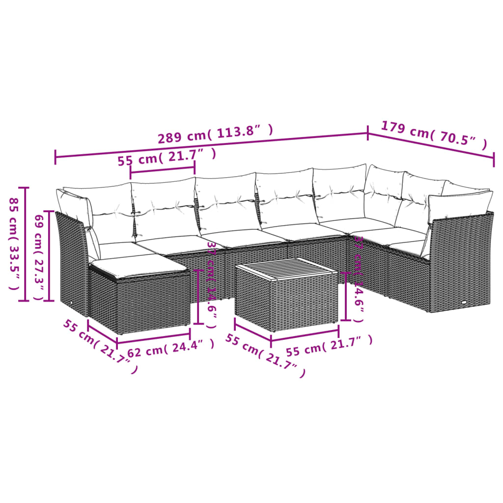 9-delige Loungeset met kussens poly rattan