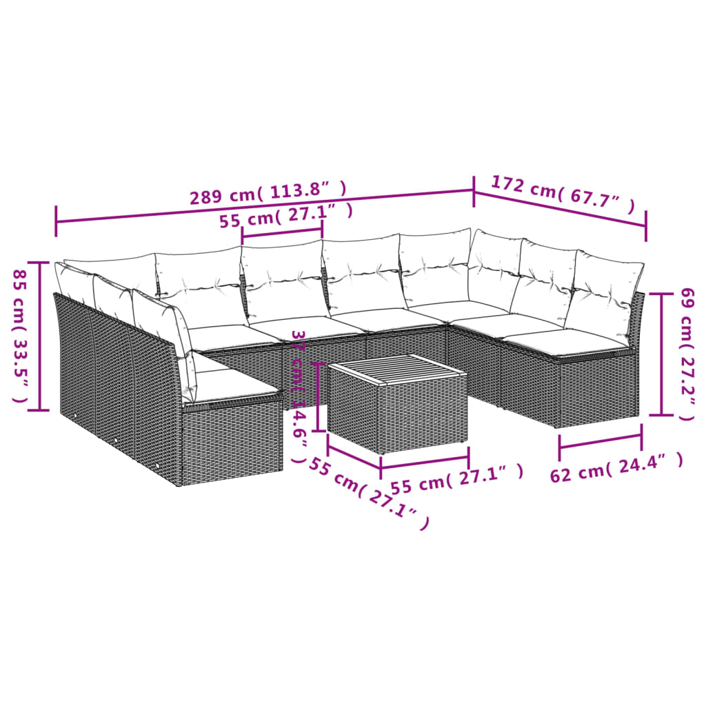 Ensemble Lounge 10 pièces avec coussins en polyrotin