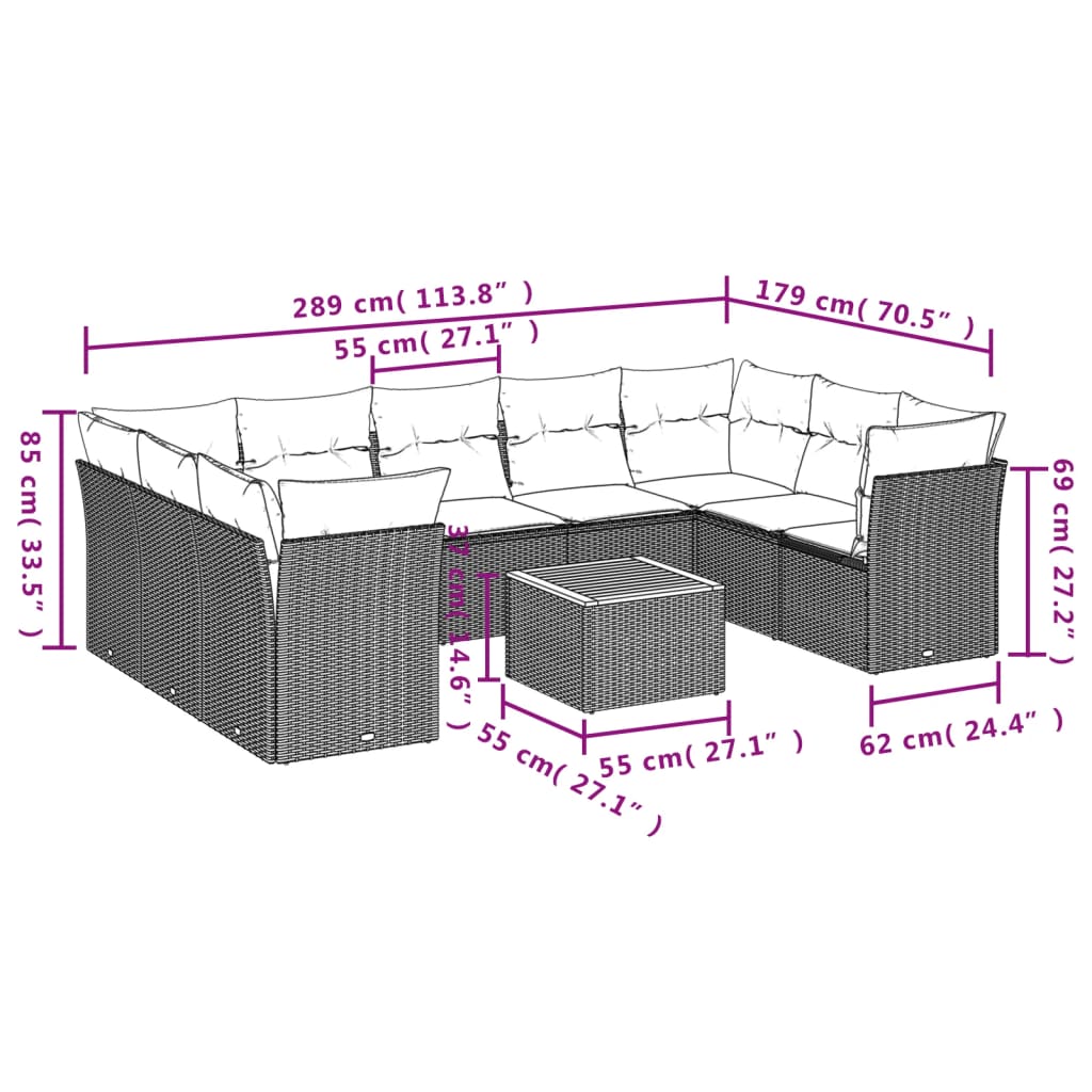 10-delige Loungeset met kussens poly rattan grijs