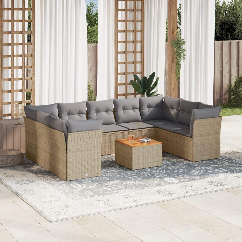 10-delige Loungeset met kussens poly rattan grijs