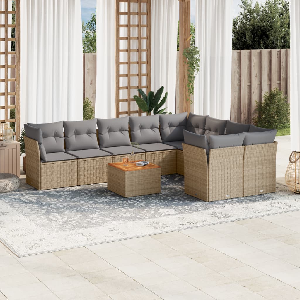 10-delige Loungeset met kussens poly rattan grijs