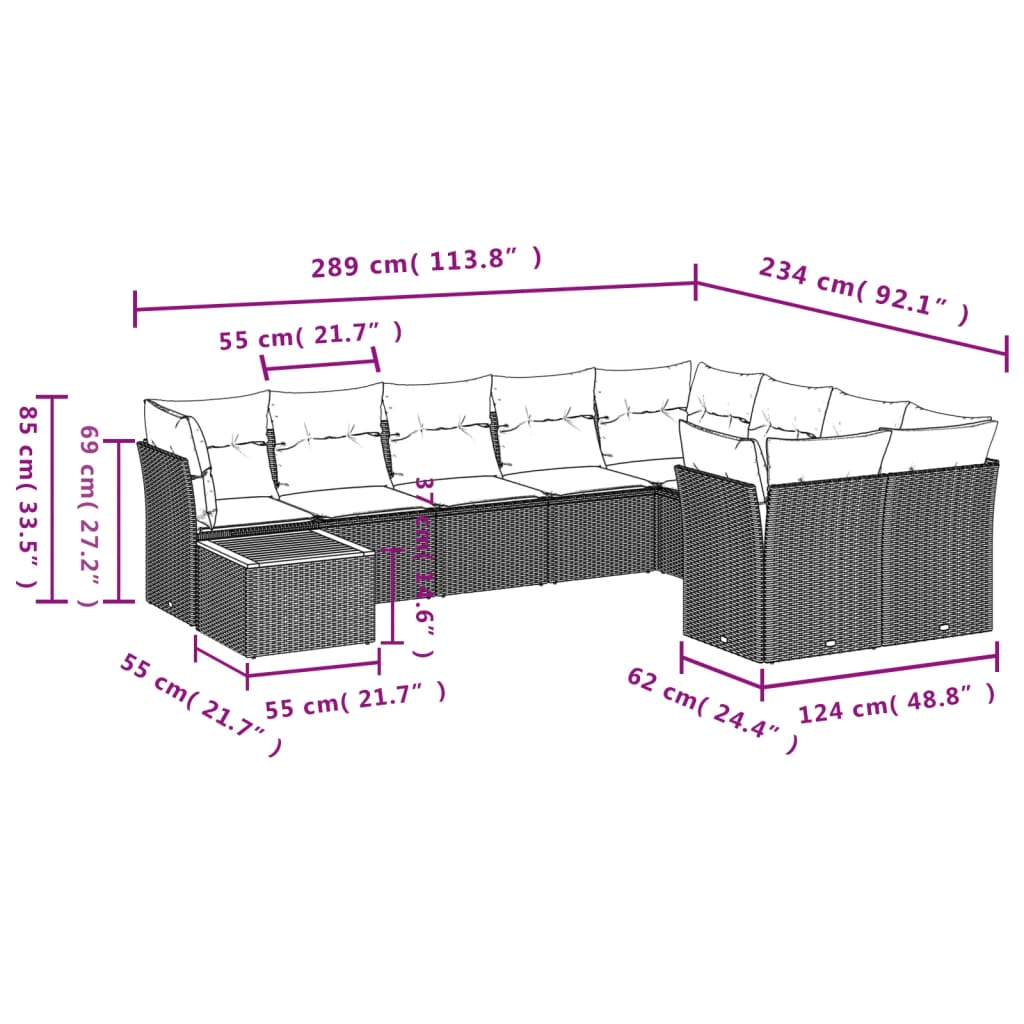 10-delige Loungeset met kussens poly rattan grijs