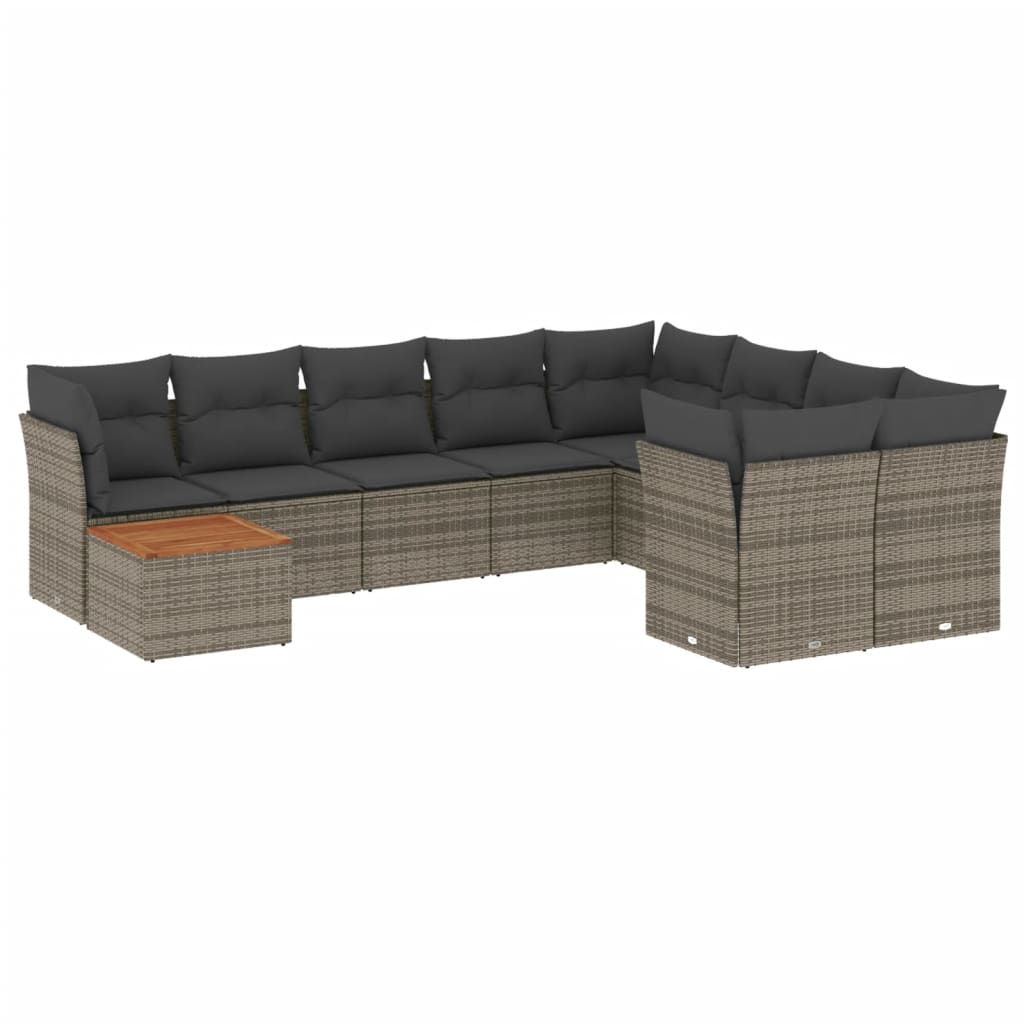 10-delige Loungeset met kussens poly rattan grijs