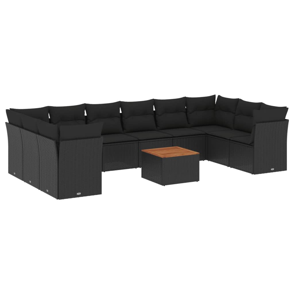 11-delige Loungeset met kussens poly rattan zwart