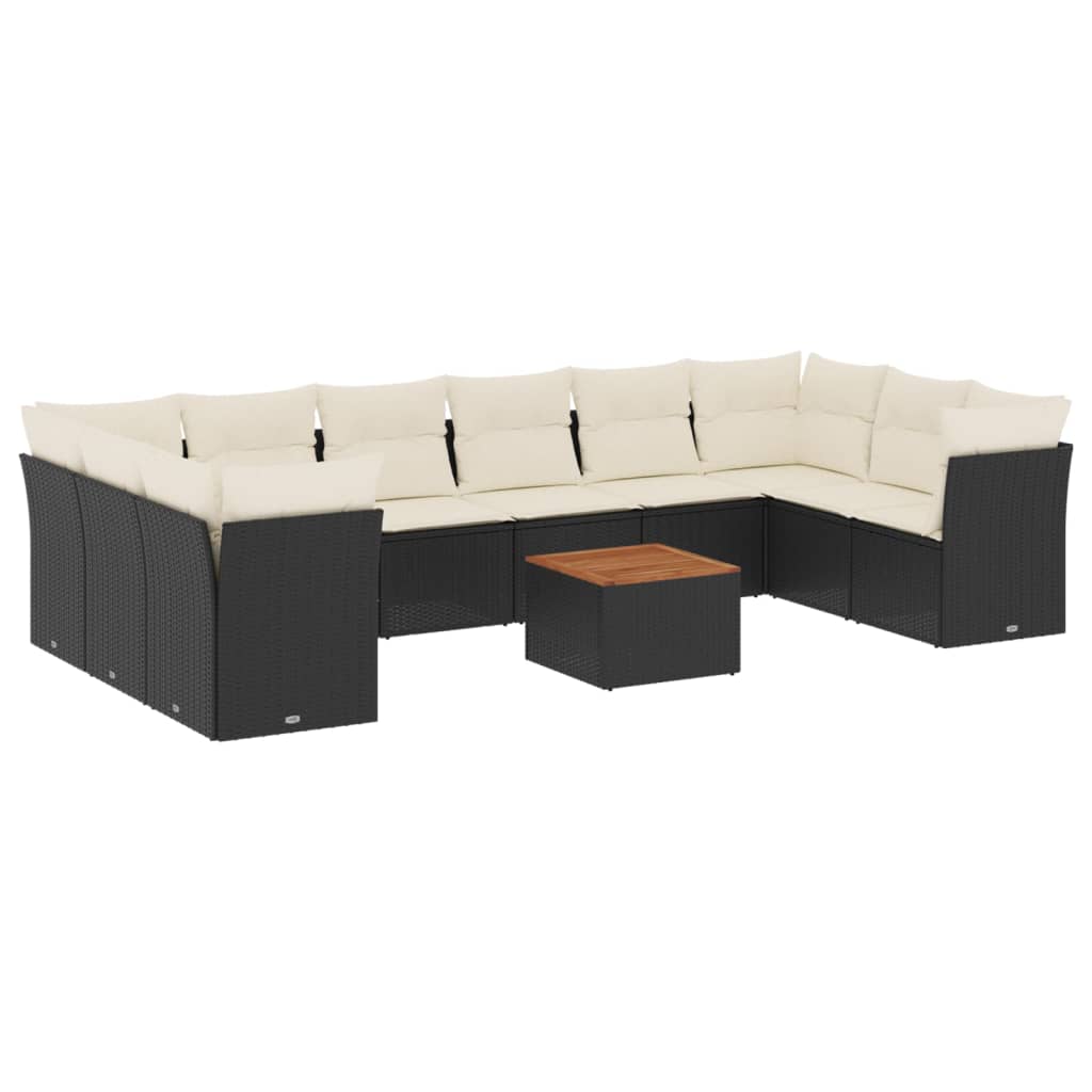 11-delige Loungeset met kussens poly rattan zwart