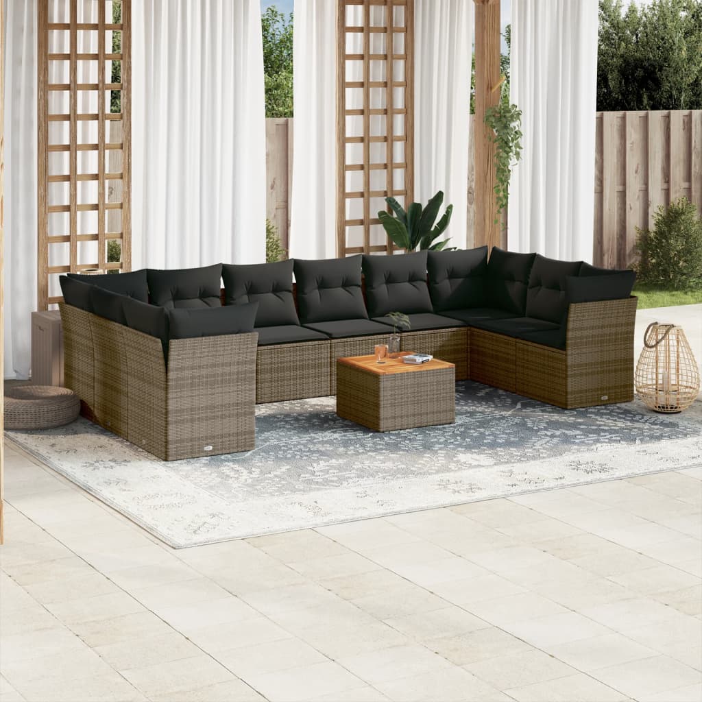 11-delige Loungeset met kussens poly rattan zwart