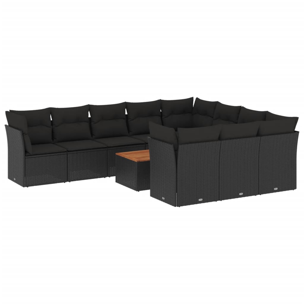 11-delige Loungeset met kussens poly rattan zwart