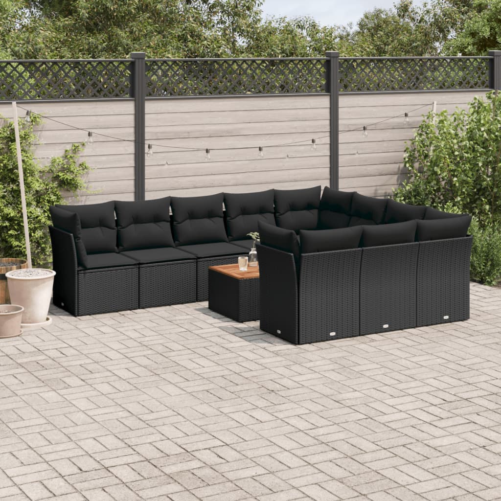 11-delige Loungeset met kussens poly rattan zwart