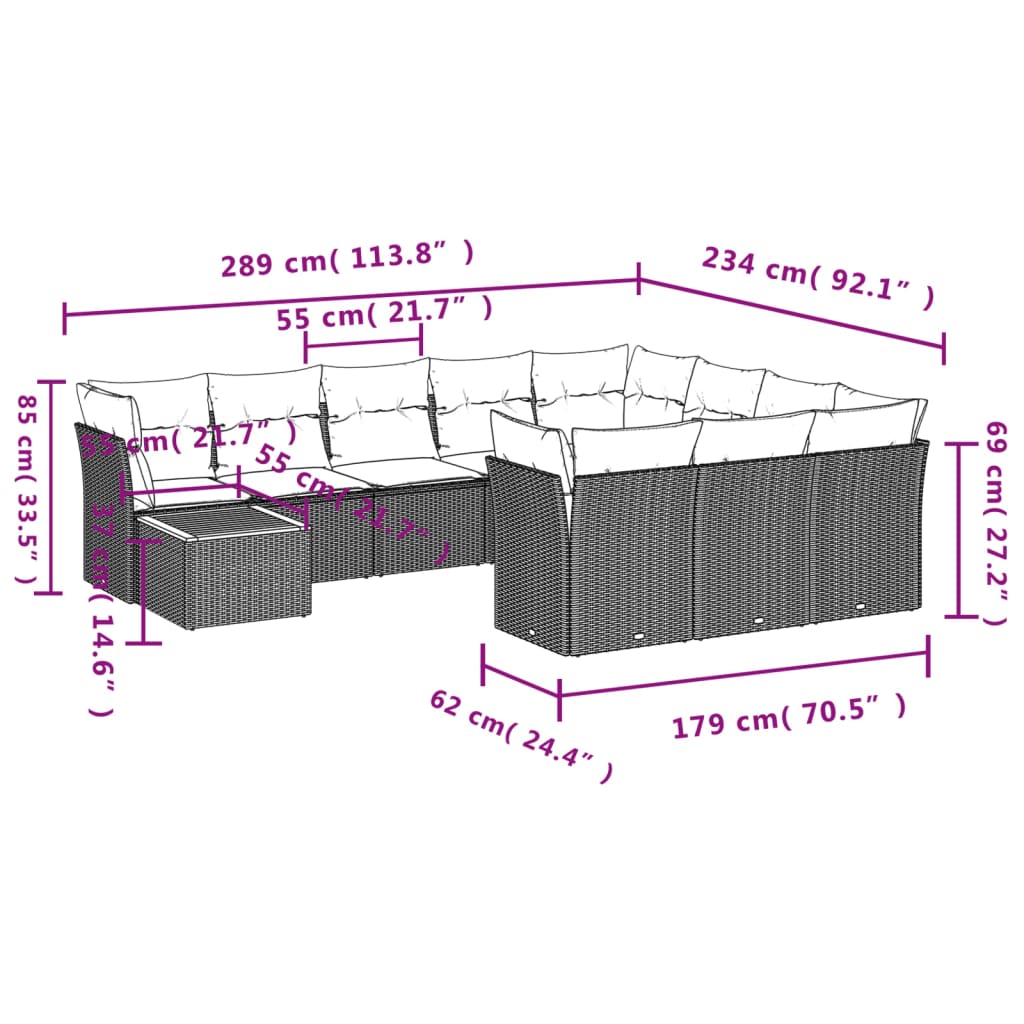 11-delige Loungeset met kussens poly rattan zwart