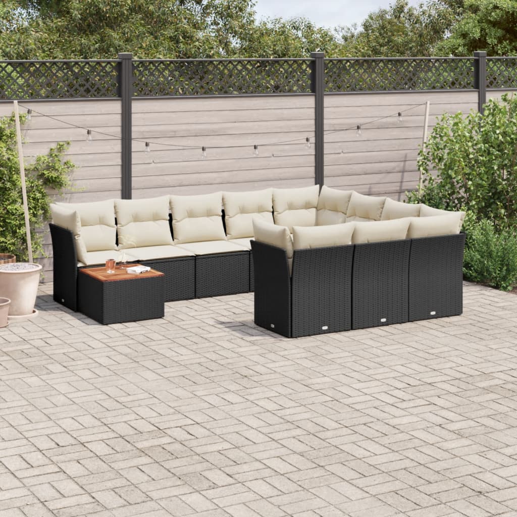 11-delige Loungeset met kussens poly rattan zwart