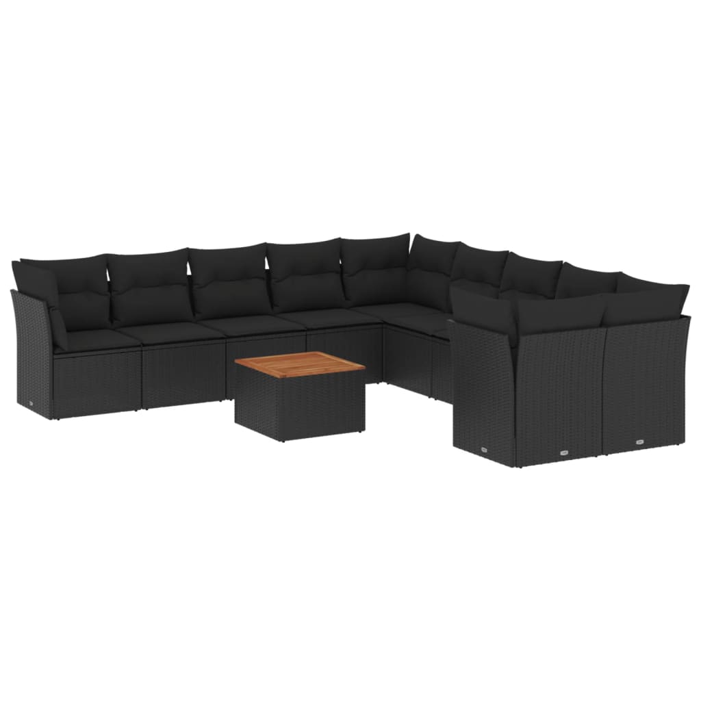 11-delige Loungeset met kussens poly rattan zwart