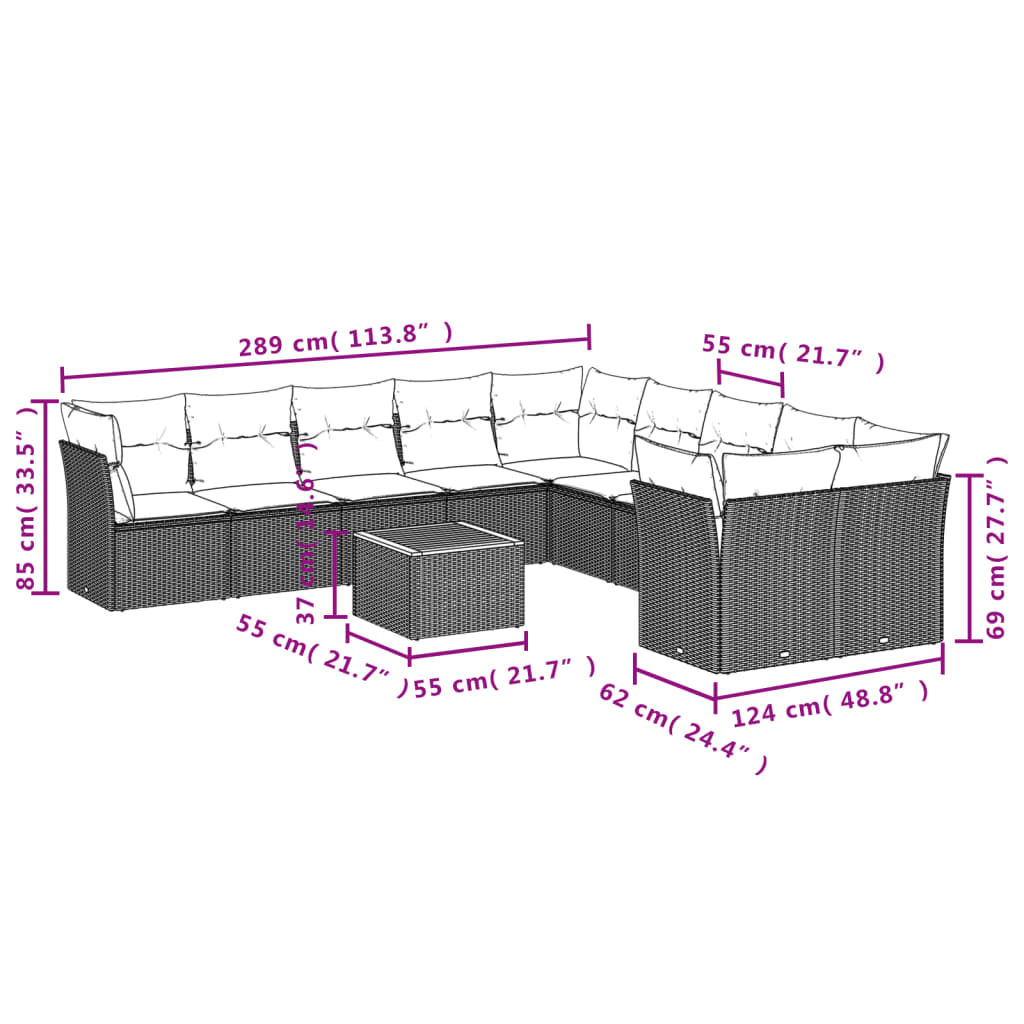 11-delige Loungeset met kussens poly rattan zwart