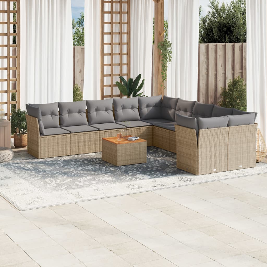 11-delige Loungeset met kussens poly rattan zwart