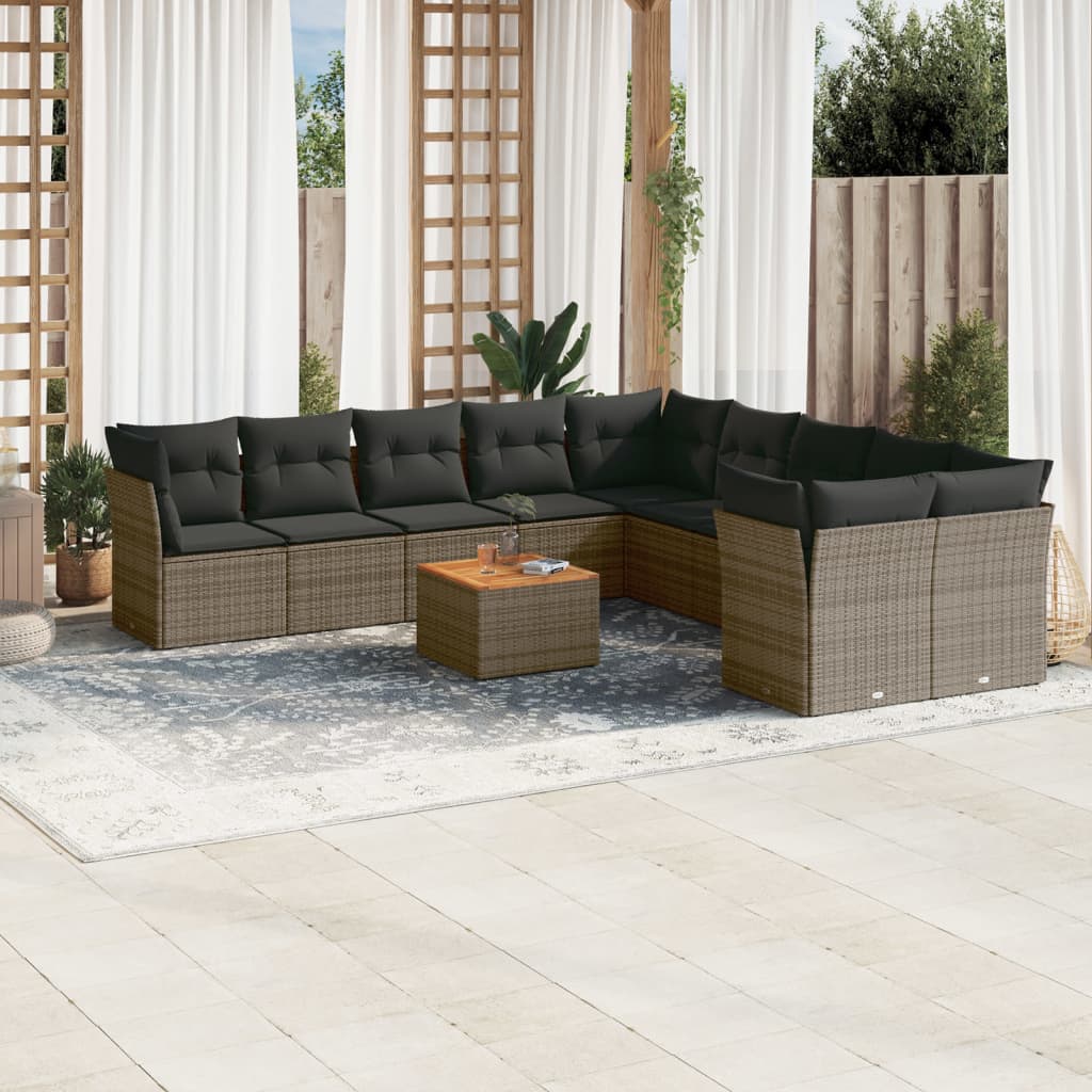 11-delige Loungeset met kussens poly rattan zwart