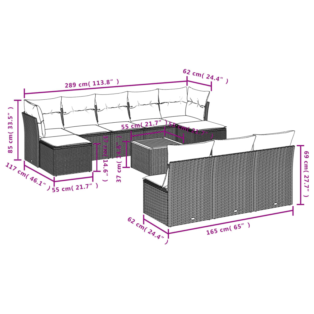 11-delige Tuinset met kussens poly rattan beige