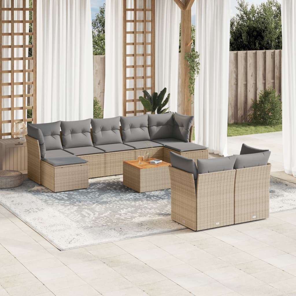 10-delige Loungeset met kussens poly rattan grijs