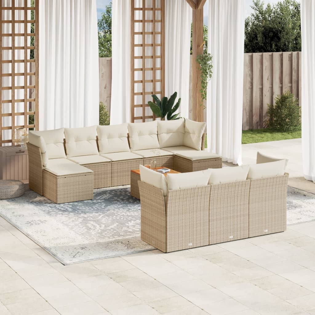 11-delige Tuinset met kussens poly rattan beige