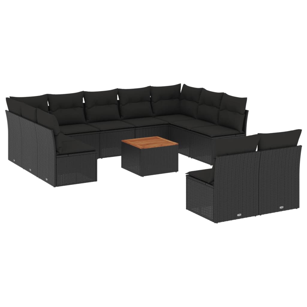 12-delige Loungeset met kussens poly rattan zwart