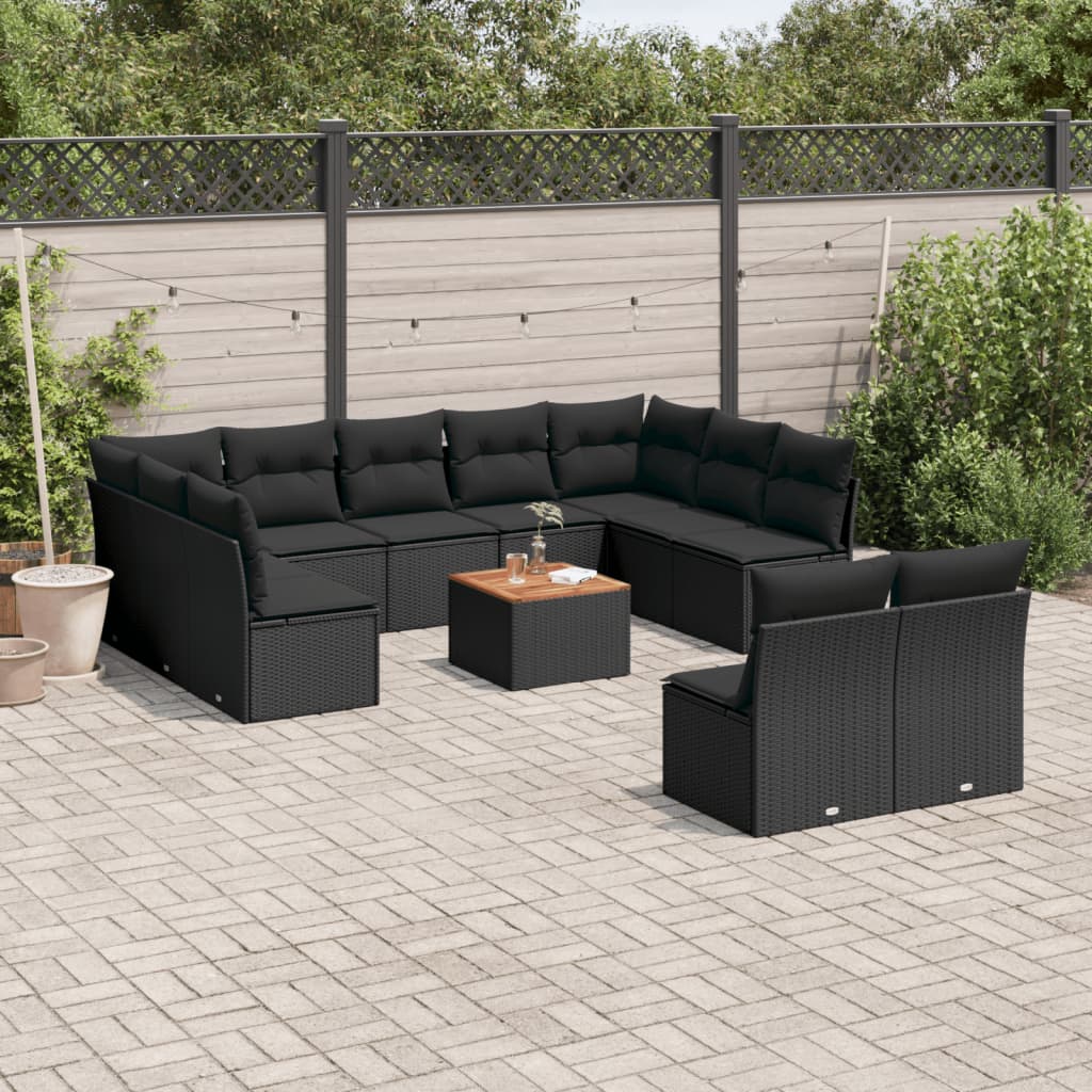 12-delige Loungeset met kussens poly rattan zwart