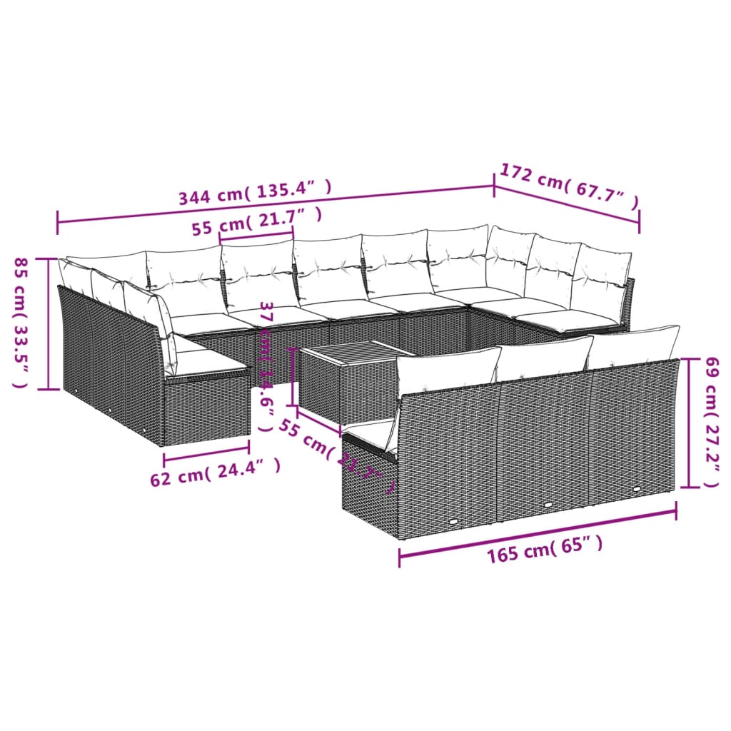 14-delige Loungeset met kussens poly rattan beige