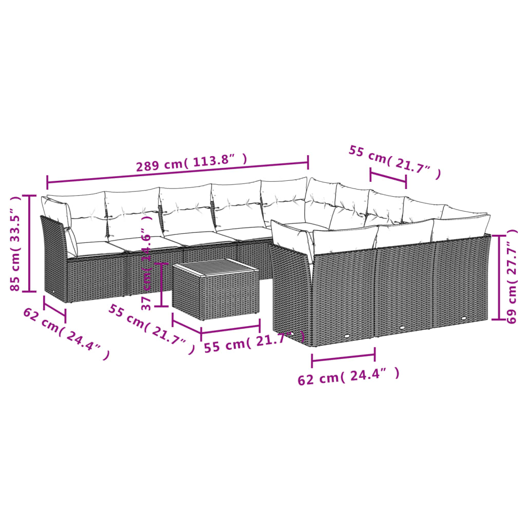 12-delige Loungeset met kussens poly rattan