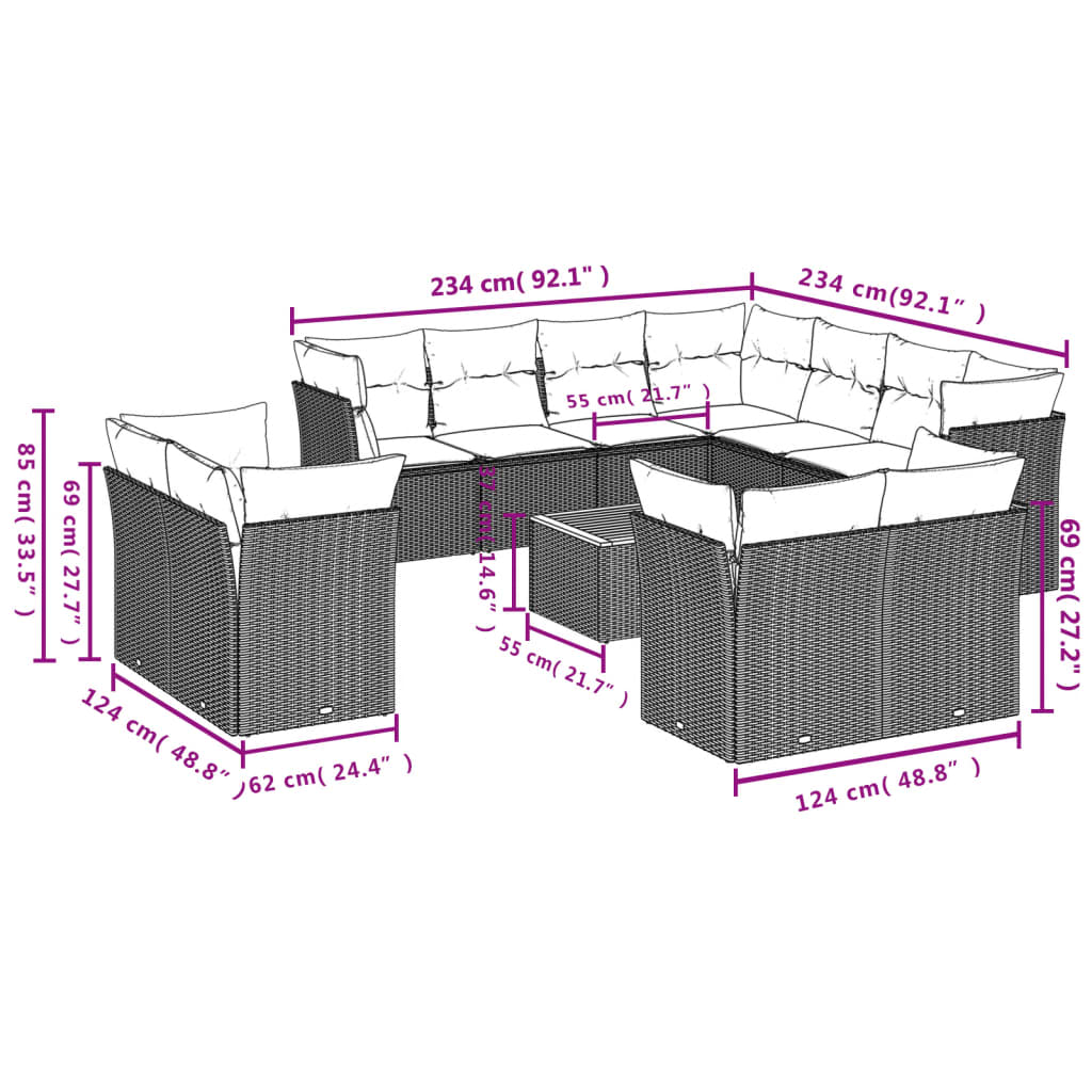 12-delige Loungeset met kussens poly rattan beige