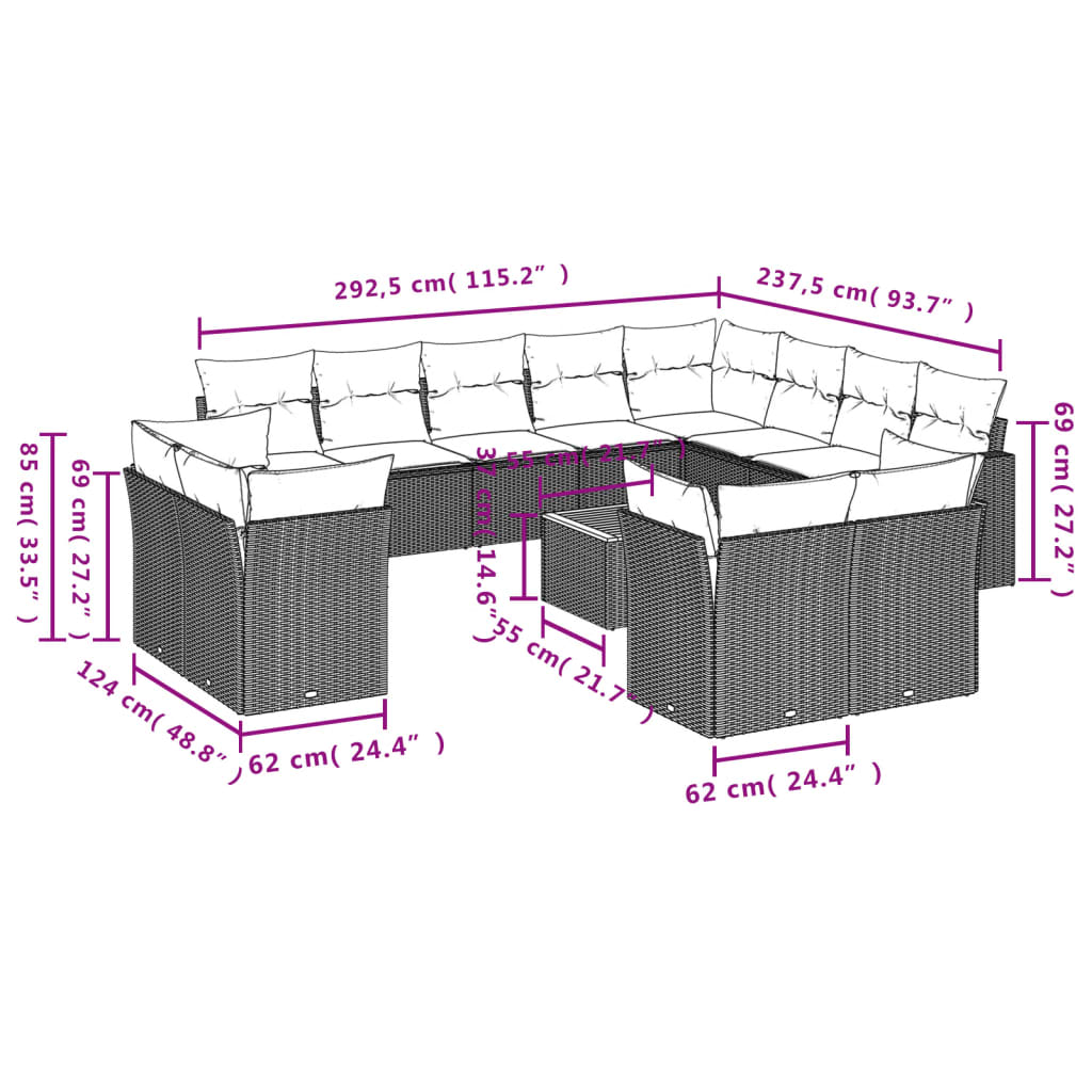 13-delige Loungeset met kussens poly rattan zwart