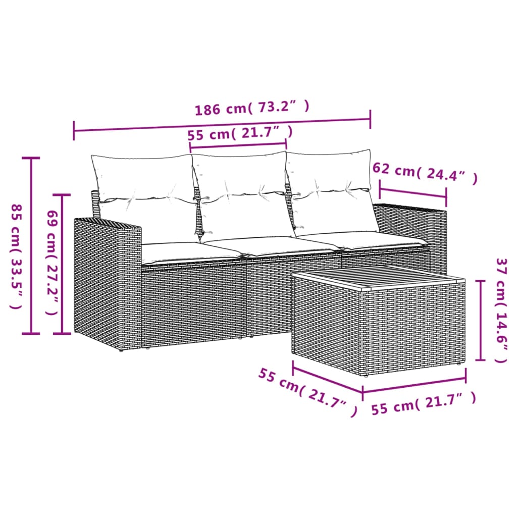 4-delige Loungeset met kussens poly rattan