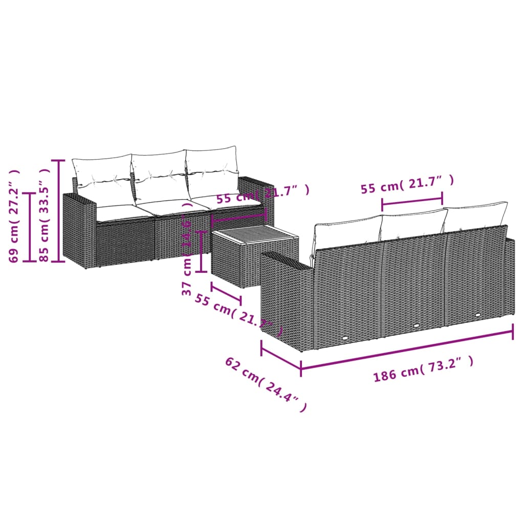 7-delige Loungeset met kussens poly rattan