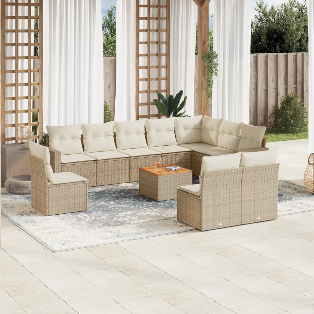 11-delige Tuinset met kussens poly rattan beige