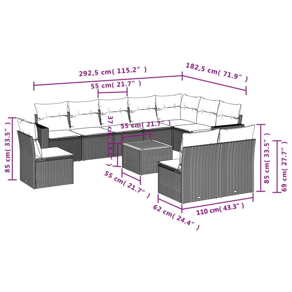 11-delige Tuinset met kussens poly rattan beige