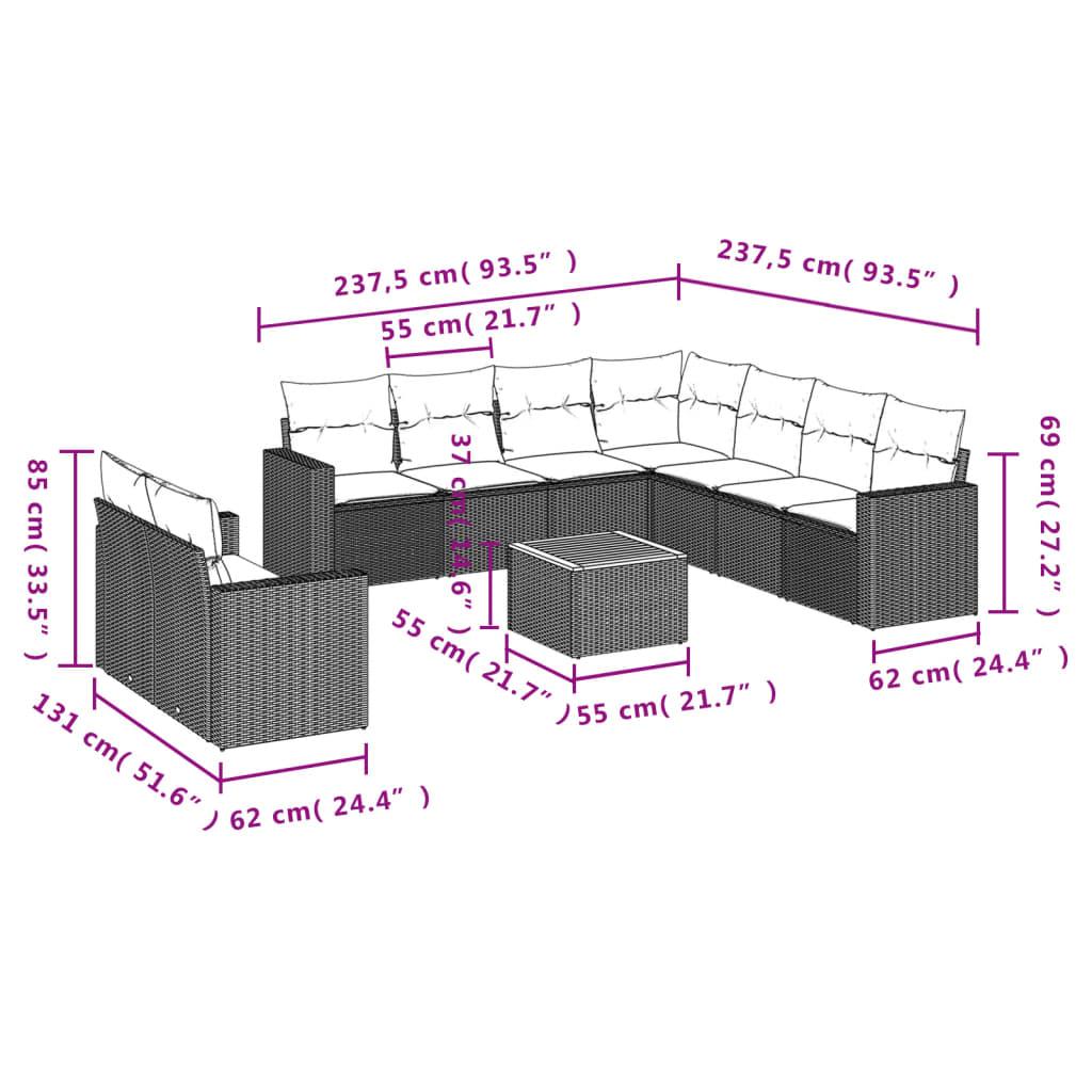 10-delige Loungeset met kussens poly rattan beige