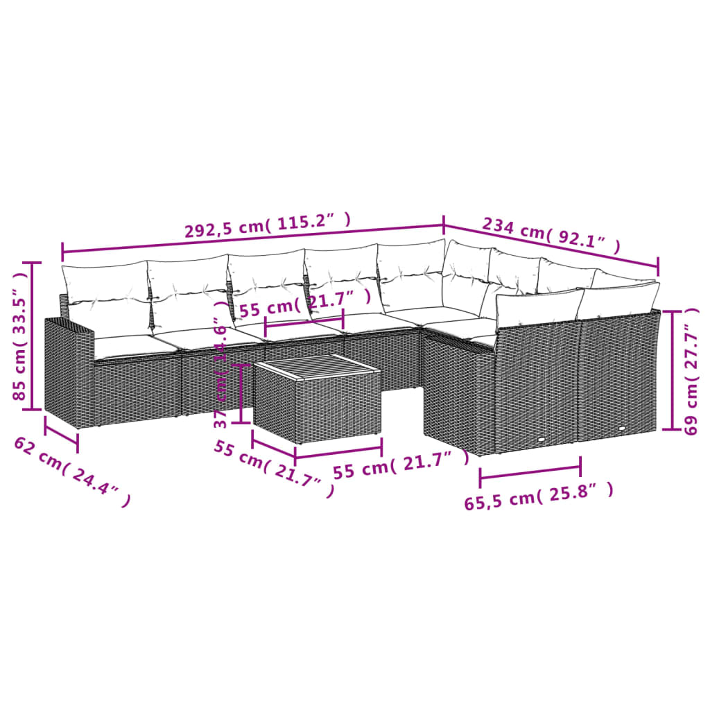 10-delige Loungeset met kussens poly rattan beige