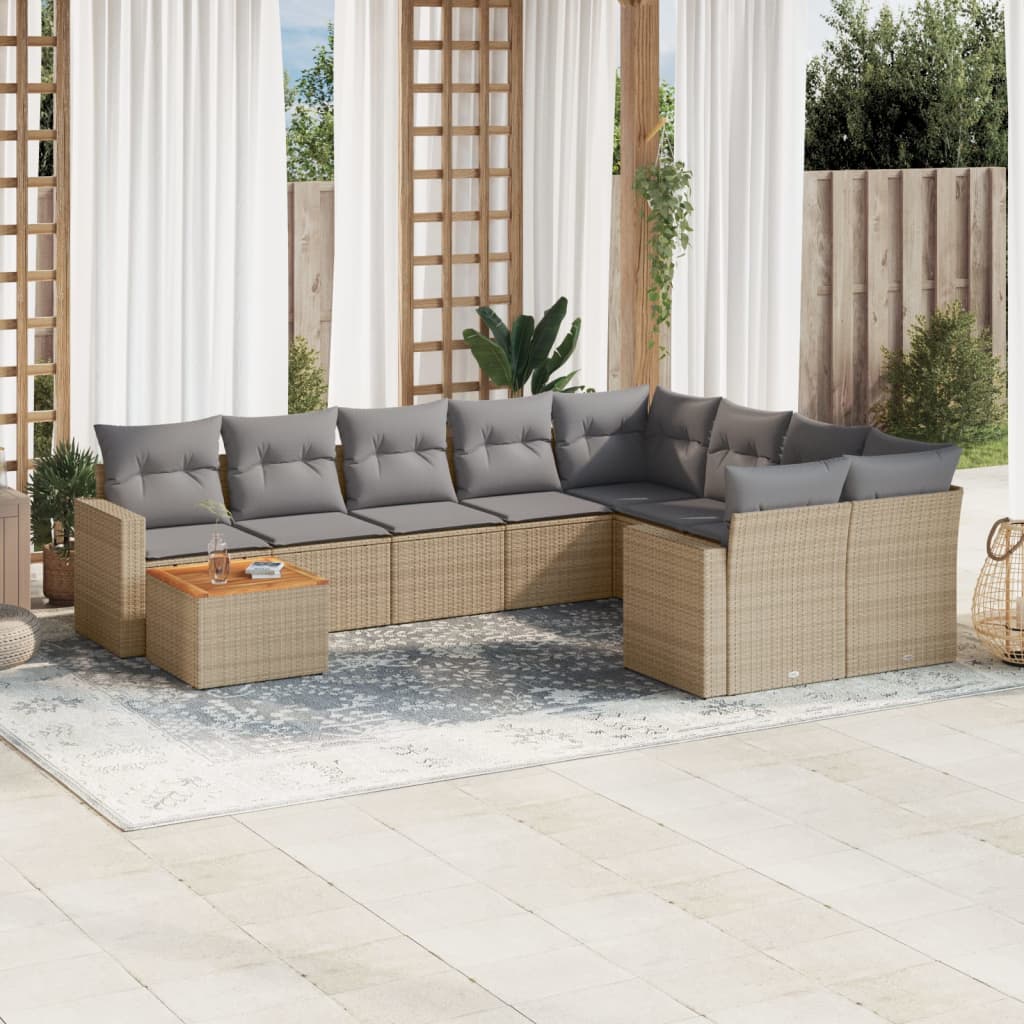 10-delige Loungeset met kussens poly rattan beige