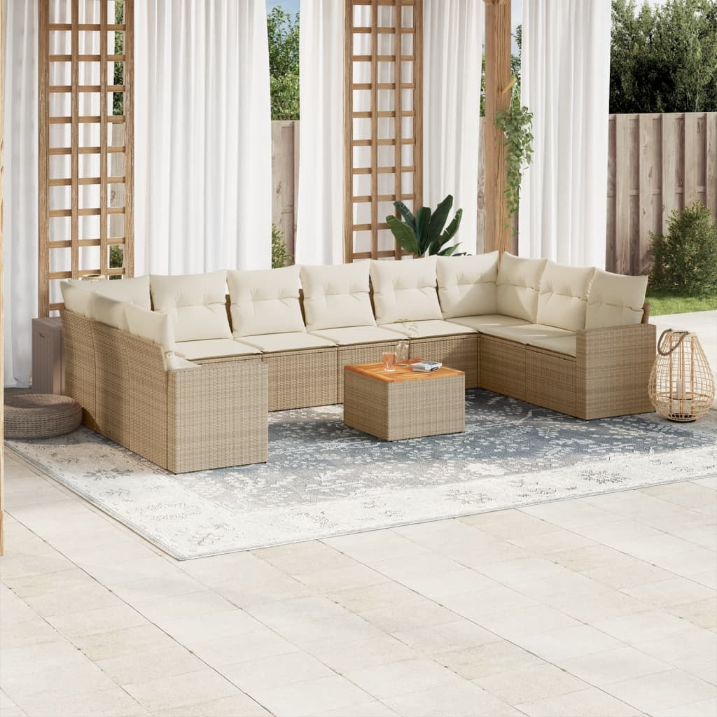 11-delige Tuinset met kussens poly rattan beige