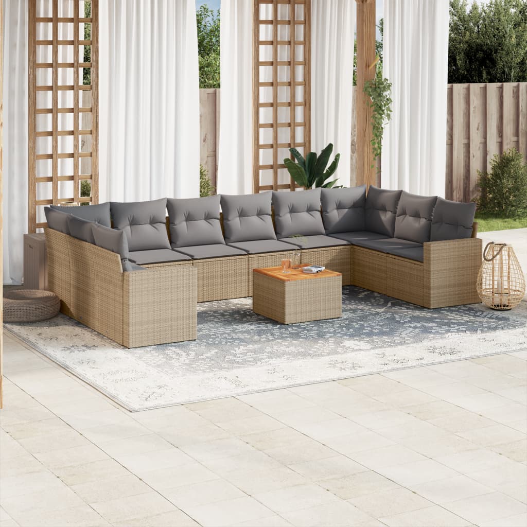 11-delige Tuinset met kussens poly rattan beige