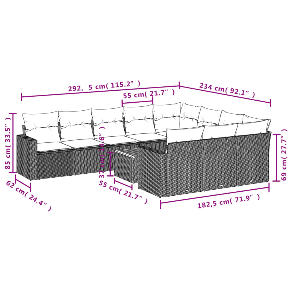 11-delige Tuinset met kussens poly rattan beige