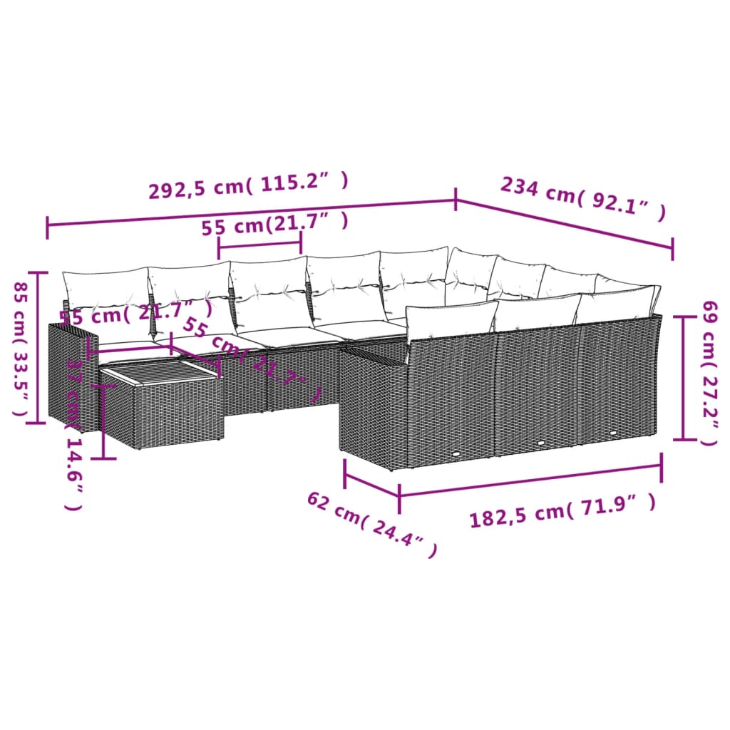 11-delige Tuinset met kussens poly rattan beige