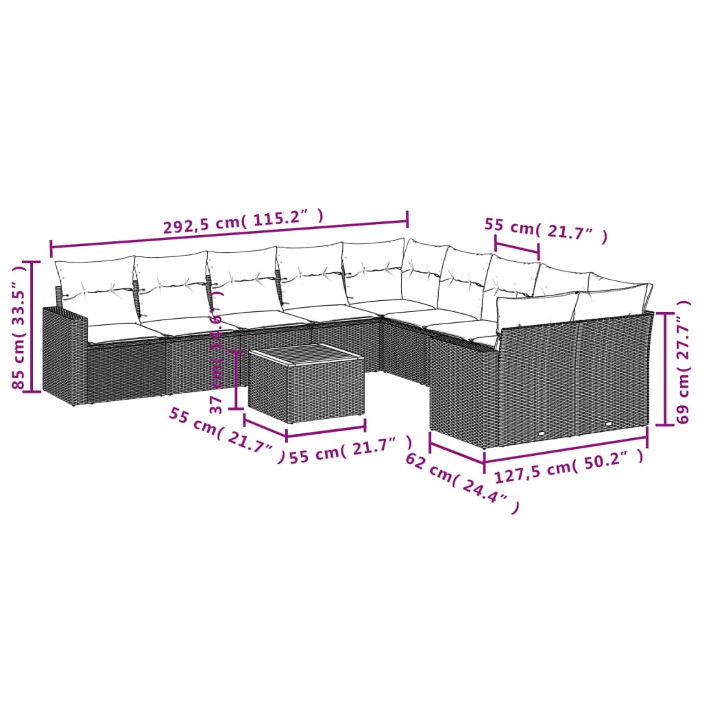 11-delige Tuinset met kussens poly rattan beige