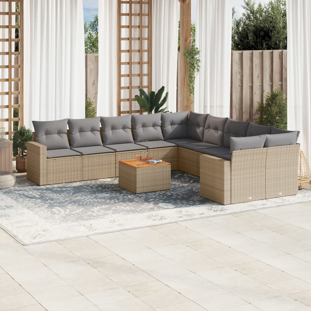 11-delige Tuinset met kussens poly rattan beige