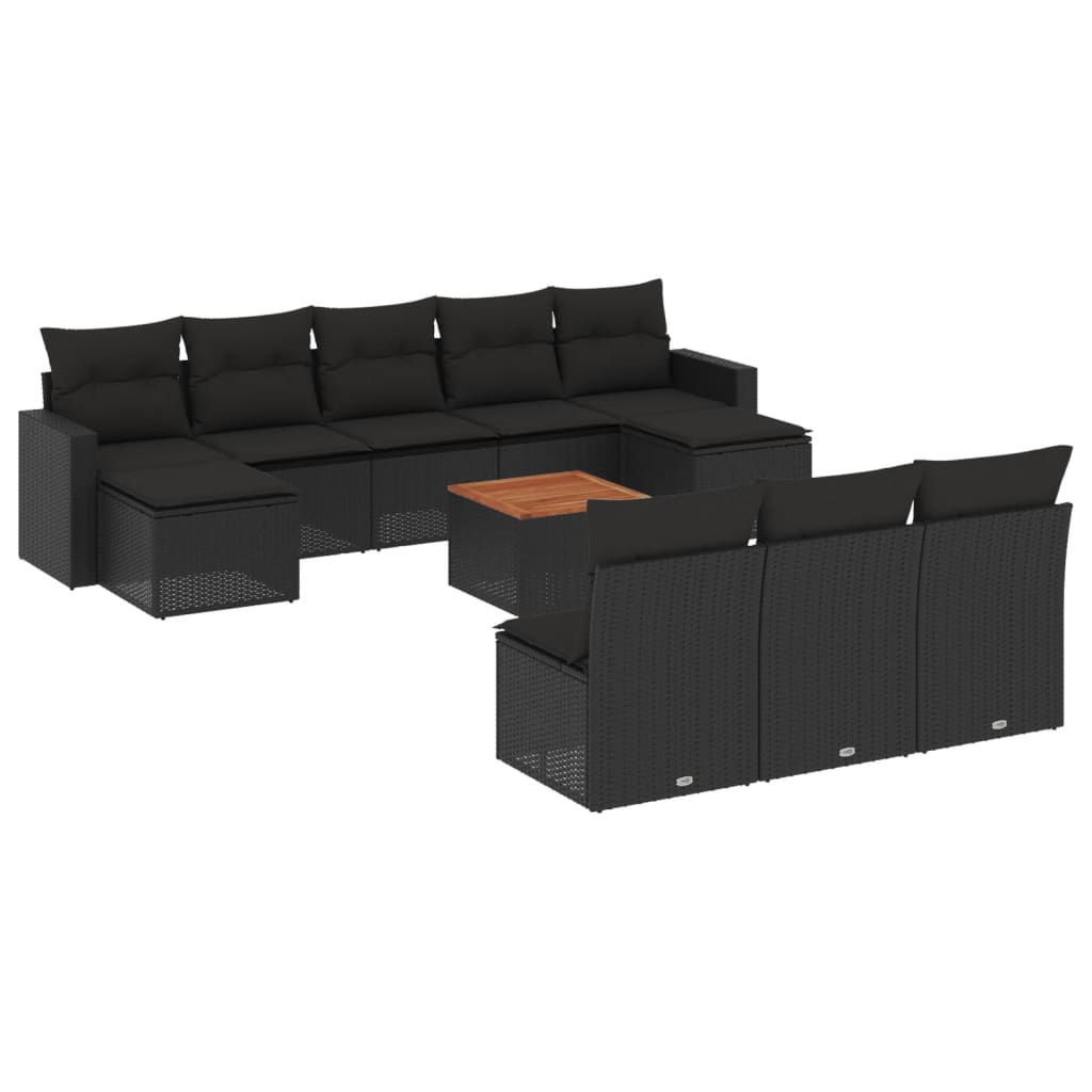 11-delige Loungeset met kussens poly rattan zwart