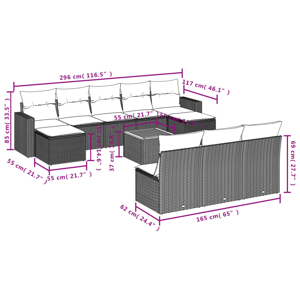 11-delige Loungeset met kussens poly rattan zwart