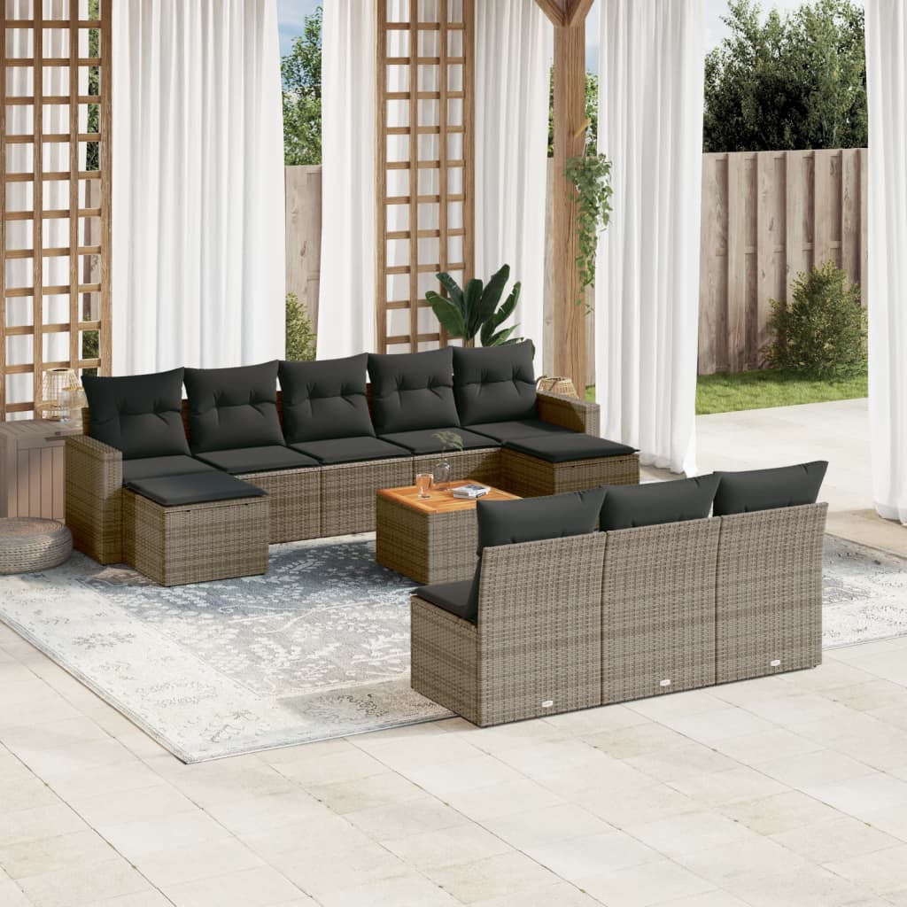 11-delige Loungeset met kussens poly rattan zwart