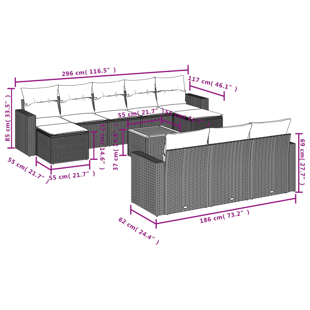 11-delige Tuinset met kussens poly rattan beige