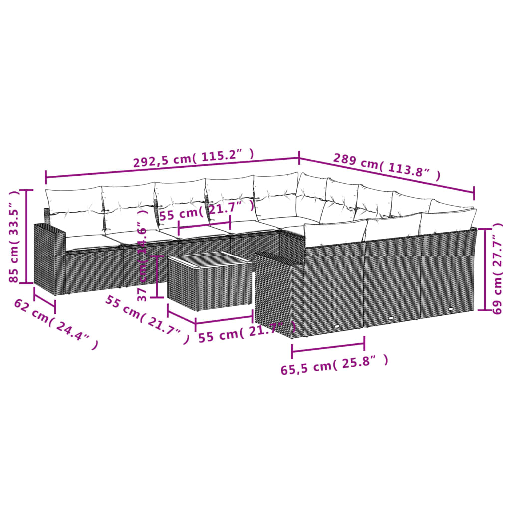 12-delige Loungeset met kussens poly rattan grijs