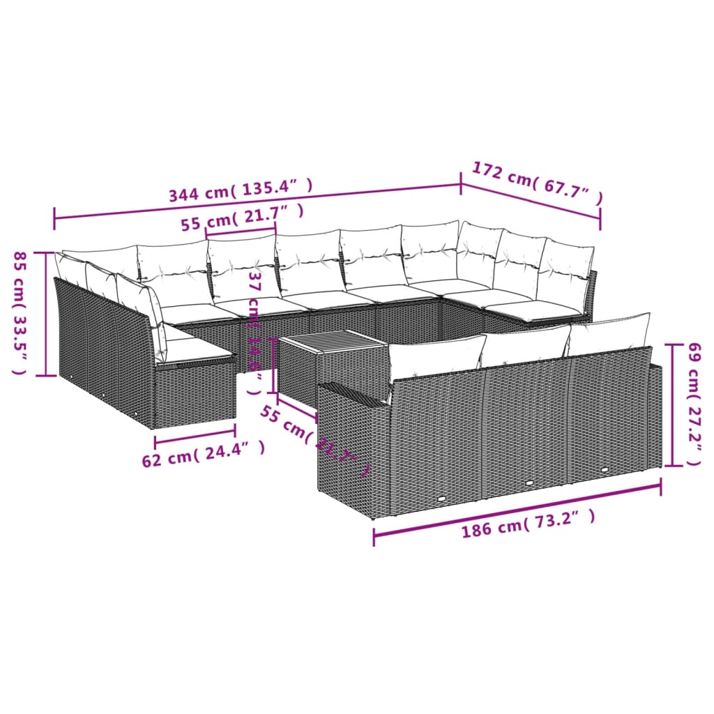 14-delige Loungeset met kussens poly rattan zwart