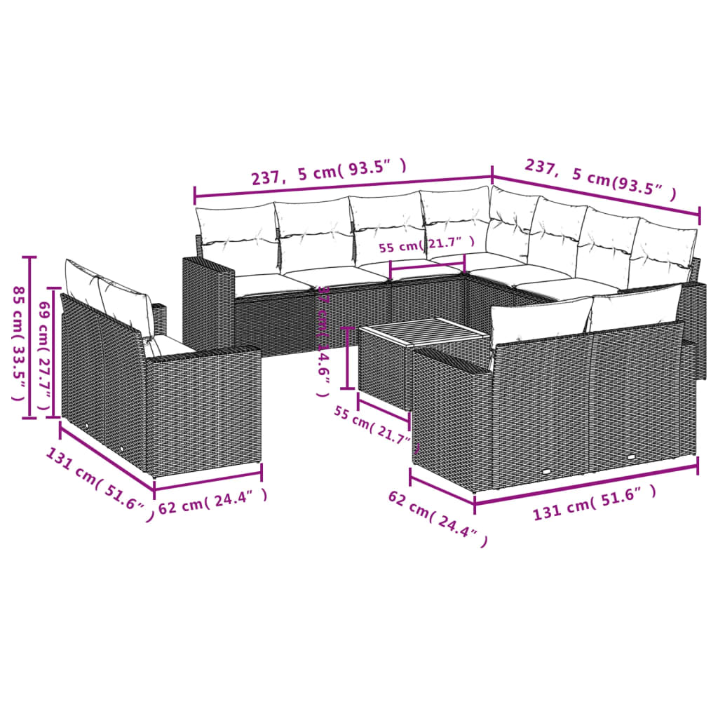 12-delige Loungeset met kussens poly rattan zwart