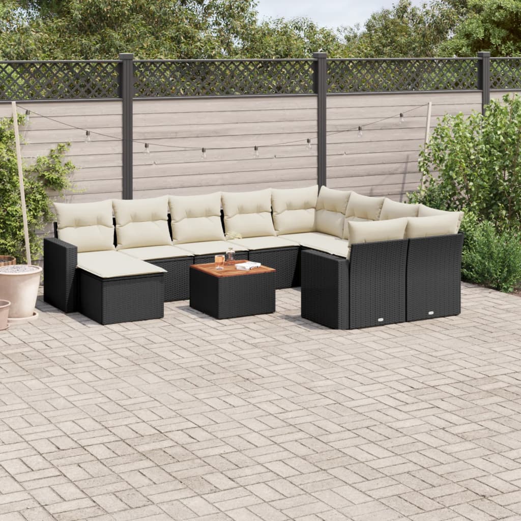 11-delige Loungeset met kussens poly rattan zwart