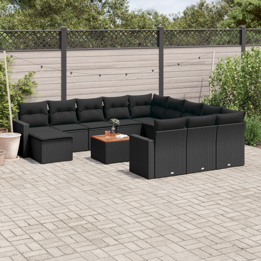 13-delige Loungeset met kussens poly rattan zwart