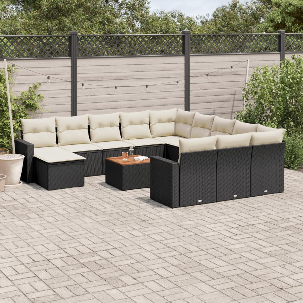 13-delige Loungeset met kussens poly rattan zwart